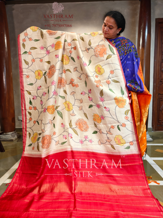 White Colour Kanchivaram Silk Saree With Hand Painting All Over :KA0427