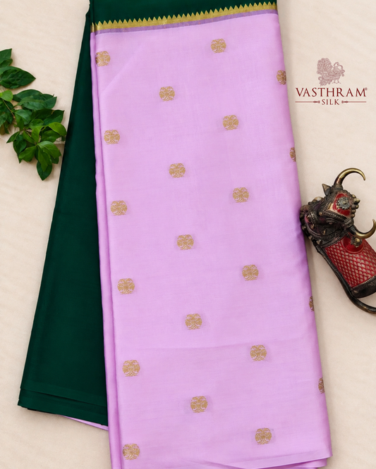 Half And Half Pink And Dark Green Colour Mysore Crepe With Zari Butta All Over