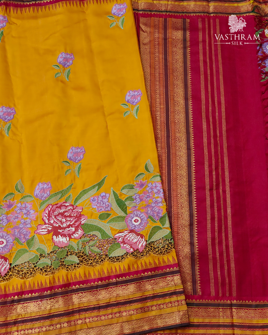 Yellow Colour Kanchivaram Silk Saree With Cross Stich & Cut Work All Over All Over