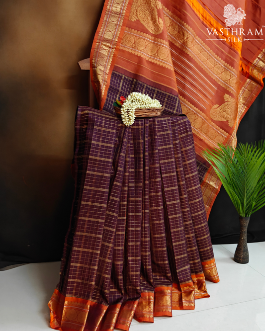 Wine Colour Kanchivaram Silk Saree With Zari Checks All Over Code : KA0470