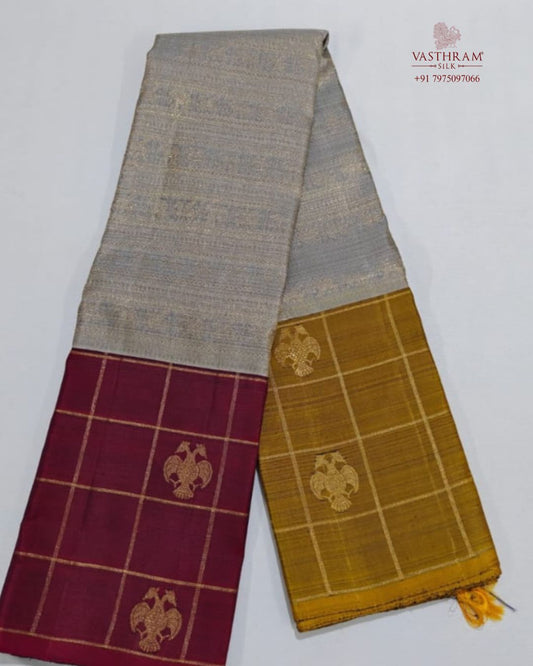 Grey Colour Pure Zari Kanchivaram Silk Saree With Zari Motif All Over Code : KA0498