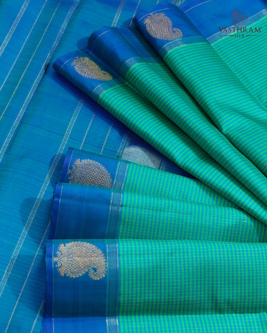 Blue & Green Colour Pure Zari Kanchivaram Silk Saree With Small Thread Woven Motif Body Code : KA0513