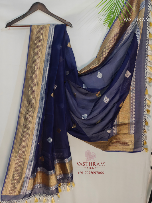 Blue Colour Organza Silk Dupatta With Zari Butta All Over
