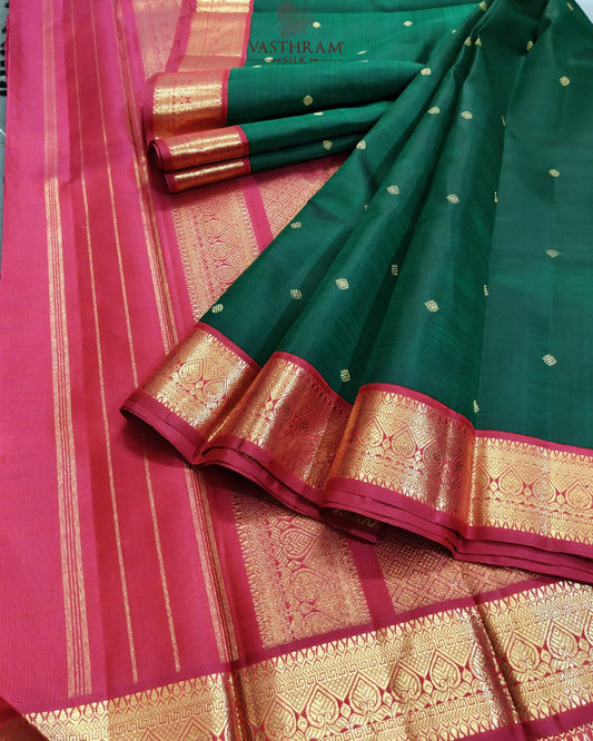 Bottle Green Colour Pure Zari Kanchivaram Silk Saree With Small Zari Butta All Over Code : KA0516