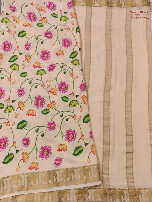 Dark Cream Mysore Crepe Silk Saree With Digital Print All Over Code : MC016