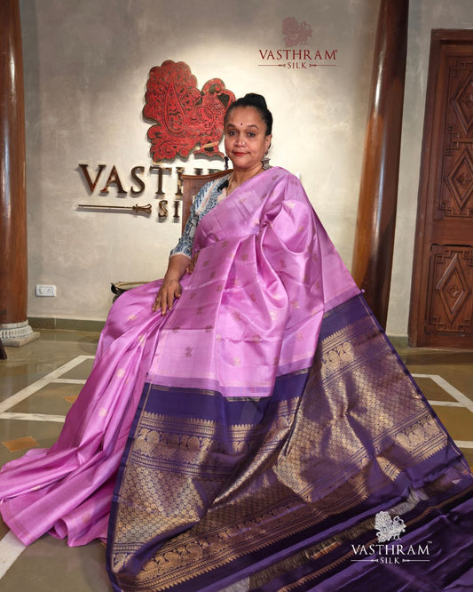 Lavender Colour Pure Zari Kanchivaram Silk Saree With Zari Motif All Over Code : KA0506
