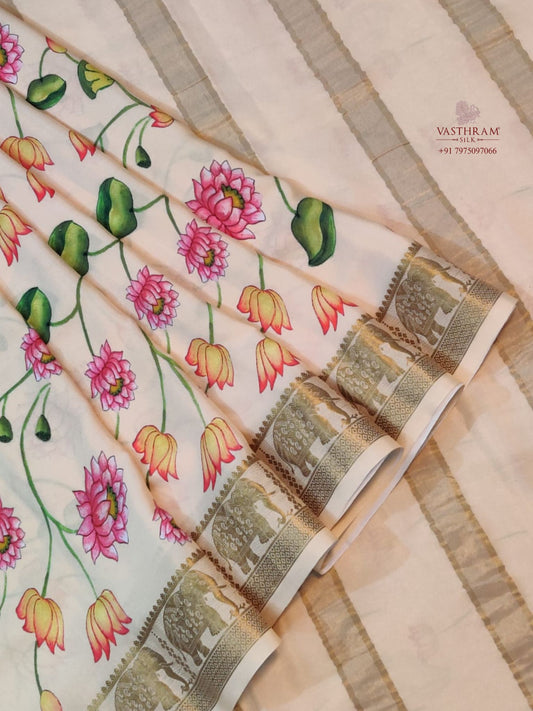 Dark Cream Mysore Crepe Silk Saree With Digital Print All Over Code : MC016
