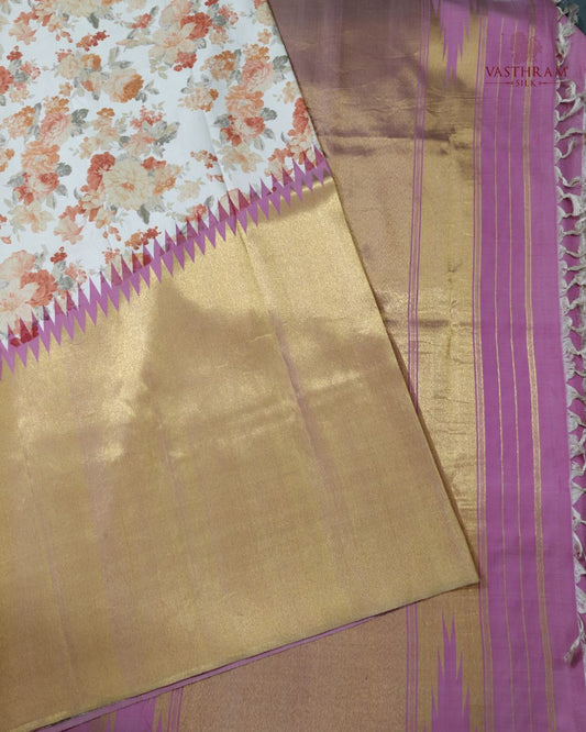 Cream Colour Raising Kanchivaram Silk Saree With Floral Digital Print All Over Code : KA507