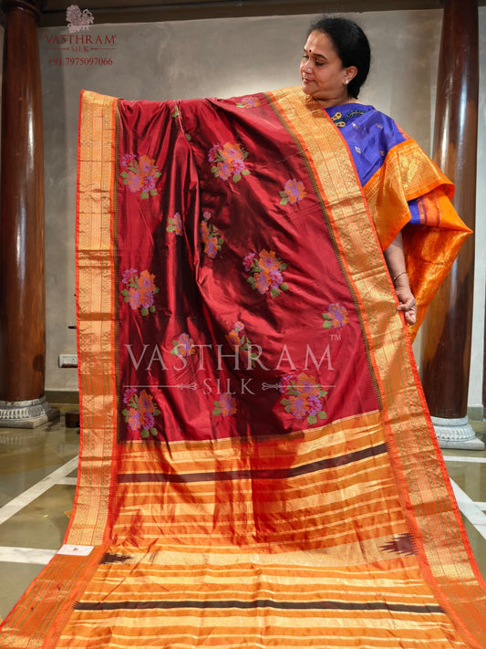 Maroon Colour Powerloom Kanchivaram Silk Saree With Floral Cross Stitch Embroidery All Over Code : KA0448