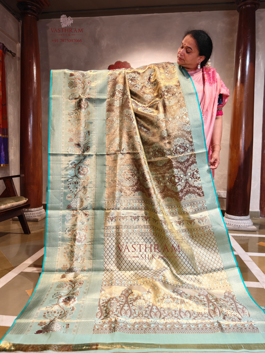 Light Green Soft Tissue Kanchivaram Silk Saree With Zari Motifs All Over