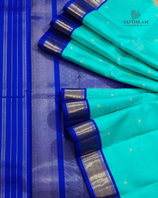 Turquoise Blue Colour Pure Zari Kanchivaram Silk Saree With Zari Butta All ver Code : KA0525