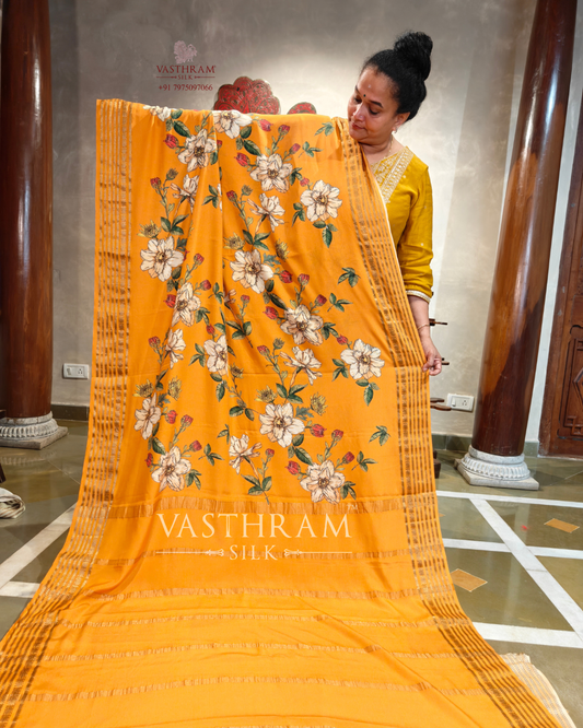 Orange Colour Mysore Crepe Silk Saree With Floral Digital Print All Over