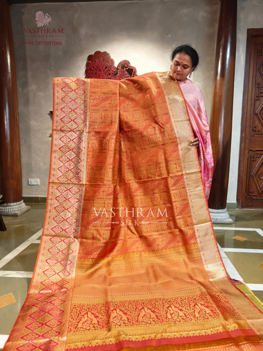 Orange Colour Kanchivaram Silk Saree With Meenakari All Over