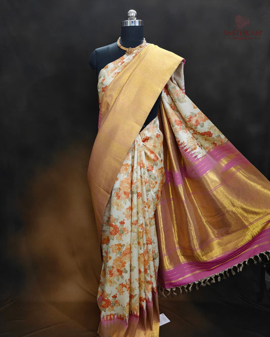 Cream Colour Raising Kanchivaram Silk Saree With Floral Digital Print All Over Code : KA507