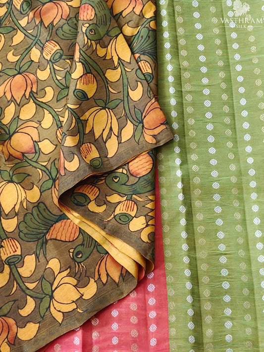 Mehandi Green Colour Partly Kanchivaram Silk Saree With Pen Kalamkari All Over : KA0458