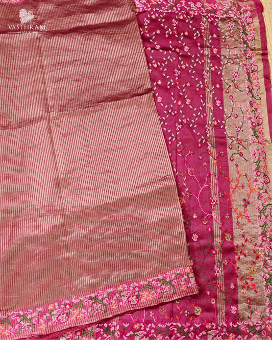 Maroon Colour Tissue Chanderi Silk Saree With Zari Stripes All Over