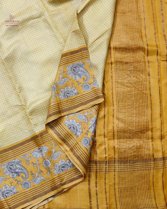 Cream & Lemon yellow colour tussar silk saree with checks all over