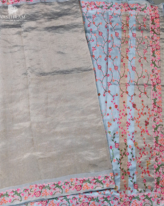 Grey Colour Tissue Chanderi Silk Saree With Zari Stripes All Over