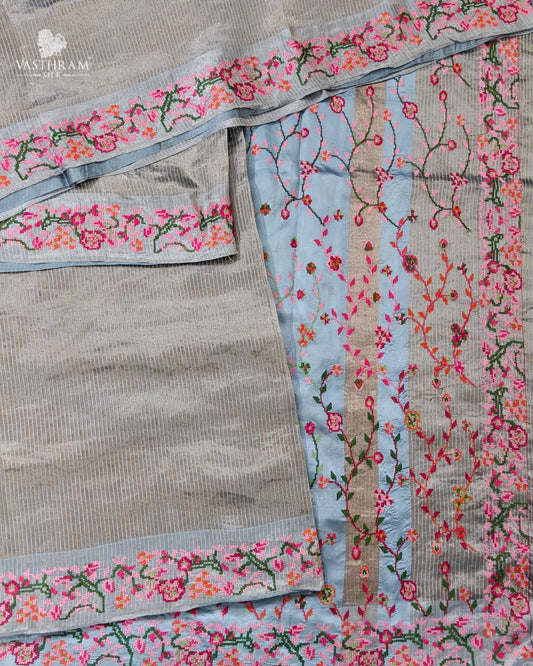Grey Colour Tissue Chanderi Silk Saree With Zari Stripes All Over