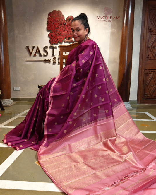 Magenta Colour Pure Zari Organza Kanchivaram Silk Saree With Zari Butta All Over Code : KA0504