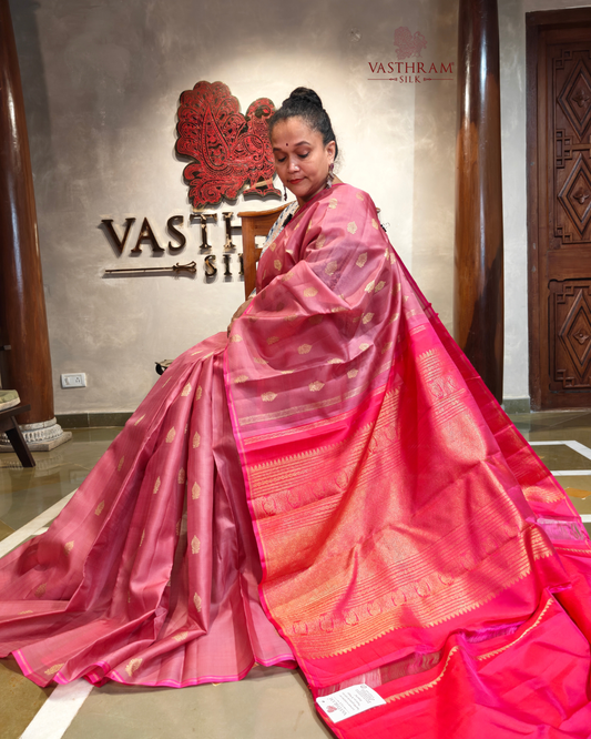 Onion Pink Colour Pure Zari Organza Kanchivaram Silk Saree With Zari Butta All Over Code : KA0505