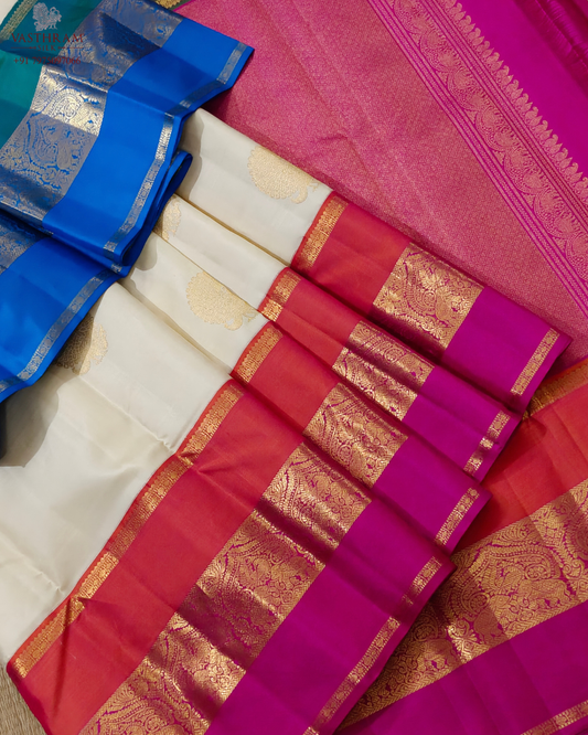 Cream colour kanchivaram silk saree with zari motif all over