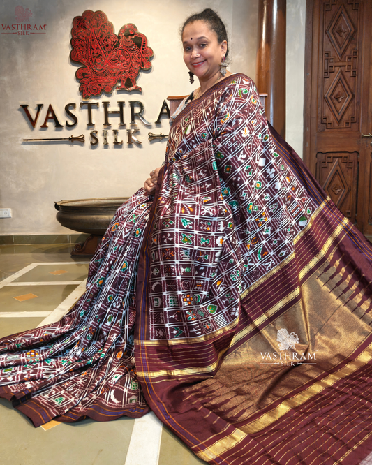 Coffee brown colour twill ikkat saree with ikkat weaving all over