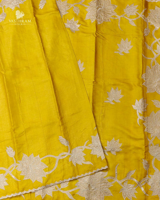 Yellow Colour Tussar Silk Saree With Plain Body