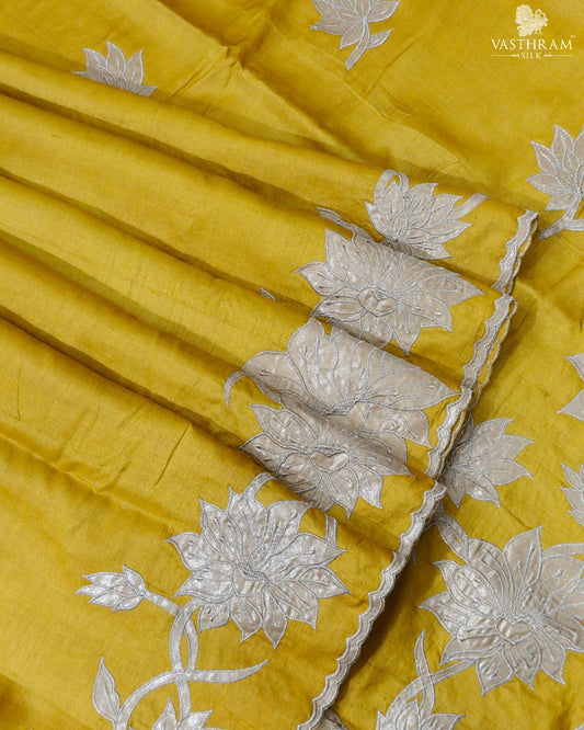 Yellow Colour Tussar Silk Saree With Plain Body