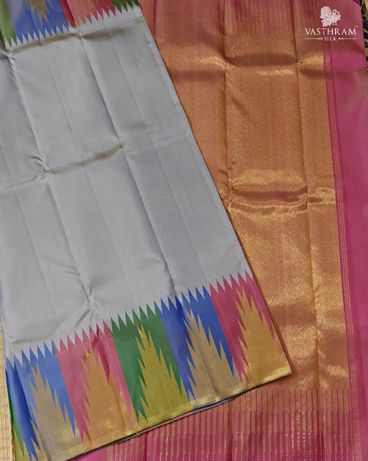 Grey Colour Kanchivaram Silk Saree With Plain Body