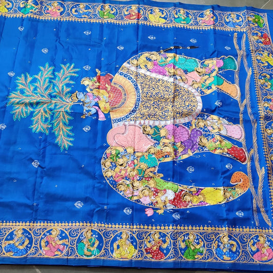 Blue Colour Kanchivaram Silk Saree With Patta Chitra Hand Paint