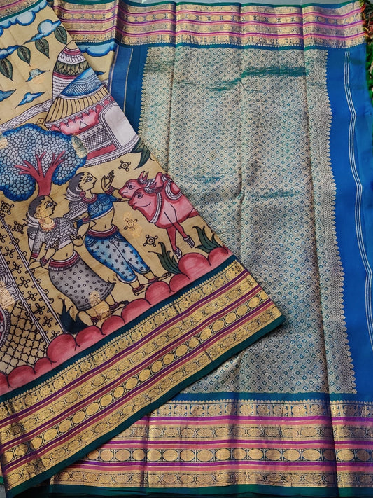 Light Yellow Colour Kanchivaram Silk With Pen Kalamkari Work