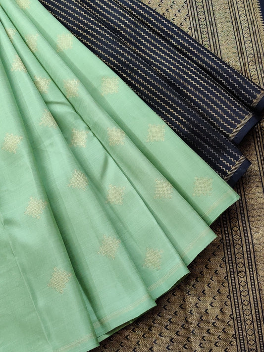 Black And Pastel Green Colour Pure Silk Partly Kanchivaram Silk Saree