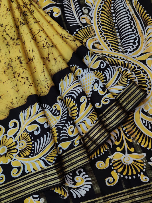 Yellow colour Mysore crepe silk saree with Batik Digital prints all over