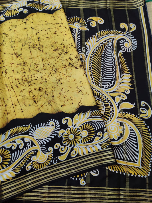 Yellow colour Mysore crepe silk saree with Batik Digital prints all over