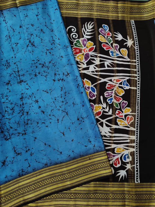 Blue Colour Mysore Crepe Silk Partly Saree With Batik Digital Prints All Over