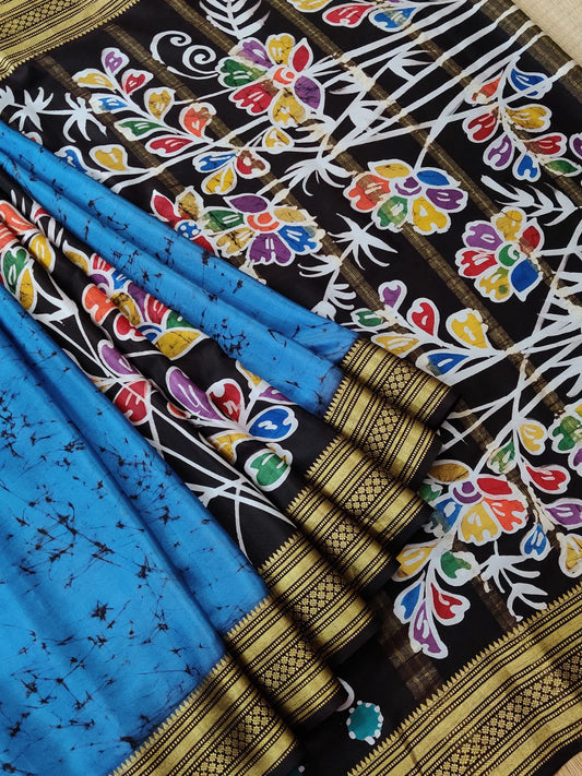 Blue Colour Mysore Crepe Silk Partly Saree With Batik Digital Prints All Over