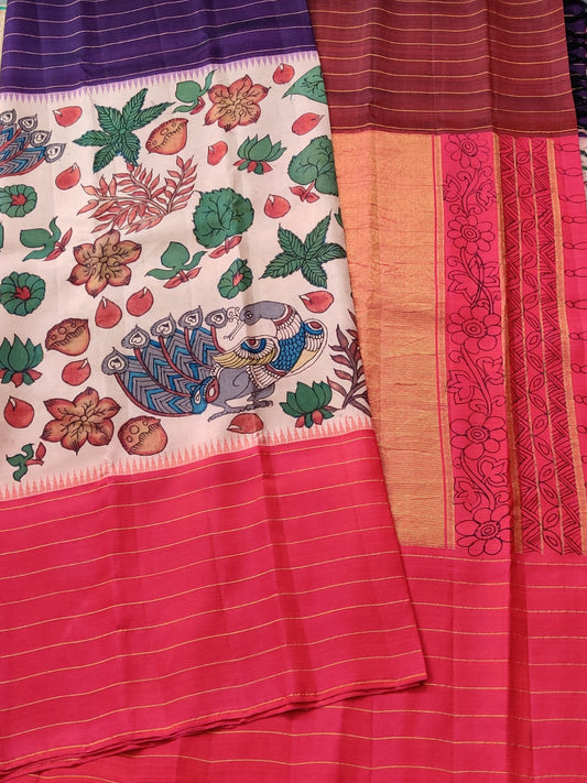 Cream Colour Kanchivaram Silk Saree With Pen Kalamkari Work All Over Code : KA0313