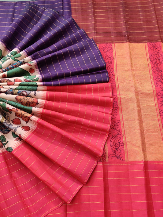 Cream Colour Kanchivaram Silk Saree With Pen Kalamkari Work All Over Code : KA0313