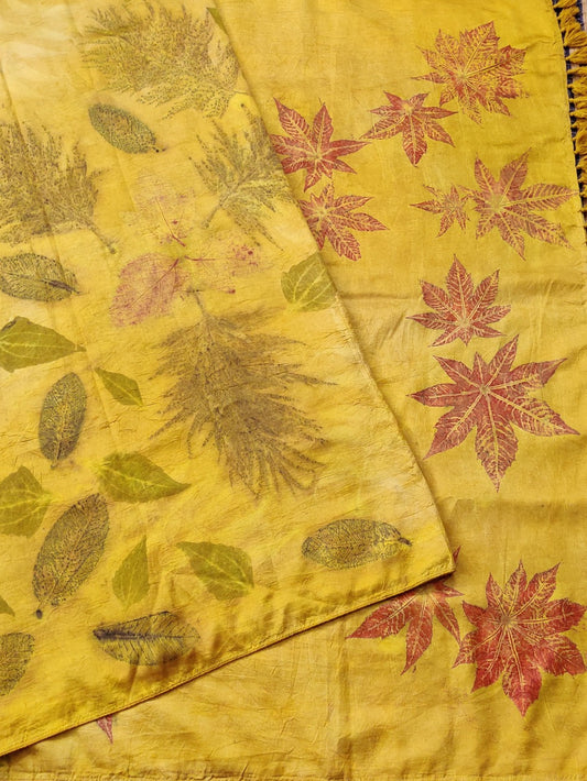 Lemon Yellow Pure Silk Saree With Natural Eco Print All Over Code : KA0338