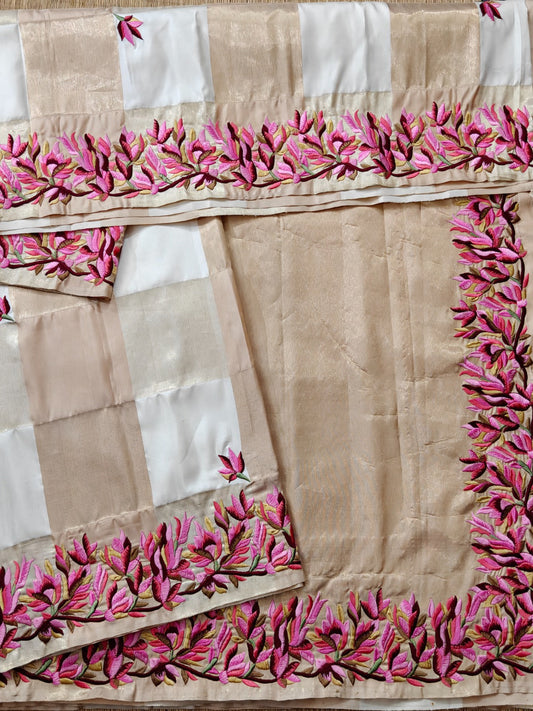 Cream Colour Checks Kanchivaram Silk Saree With Parsigara Embroidery Work Code : KA394