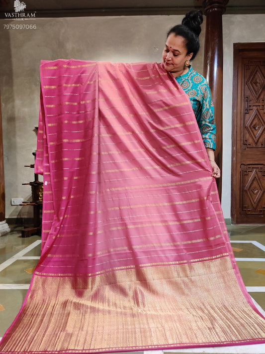 Light Pink And Dark Pink Mysore Crepe Silk Saree With Zari Strips All Over Code : MC010