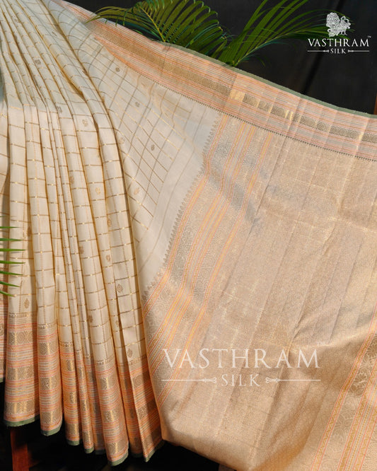 Cream Colour Kanchivaram Silk Saree With Zari Checks All Over