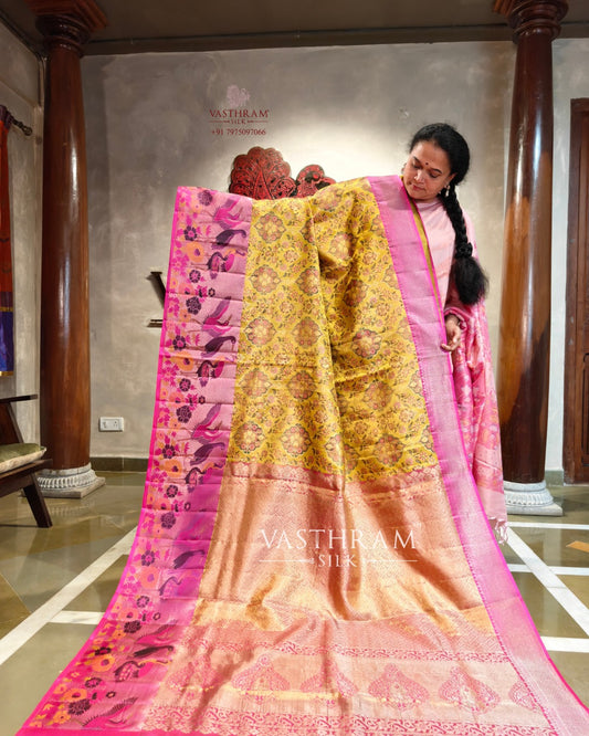 Yellow Colour Kanchivaram Silk Saree With Meenakari All Over