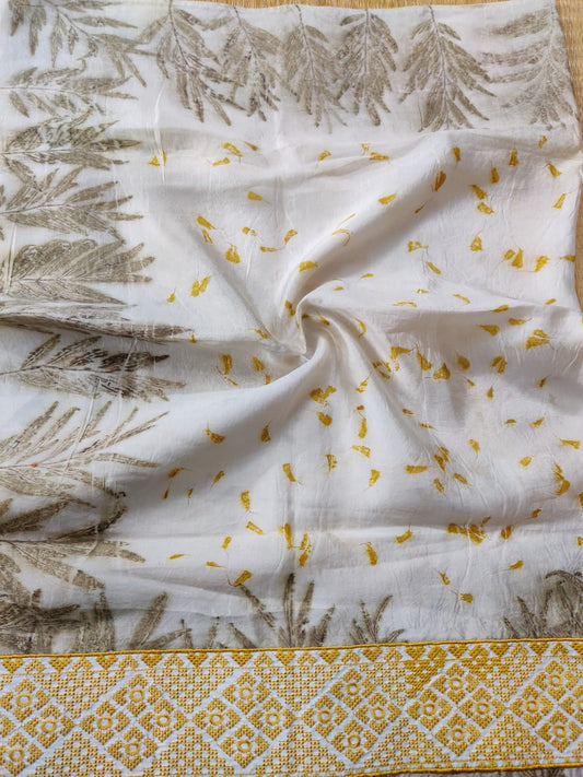 White Colour Silk Blouse Fabric With Eco Print