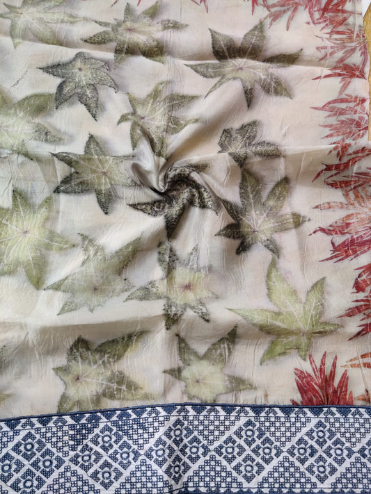 White Colour Silk Blouse Fabric With Eco Print