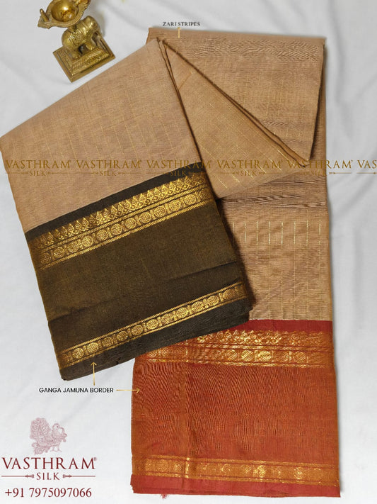 Tussar Colour Cotton Saree With Zari Stripes All Over Code : PC011