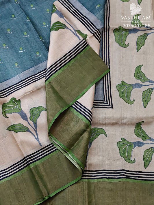 Greyish Blue Colour Tussar Silk Saree With Small Floral Print All Over Code : KT018