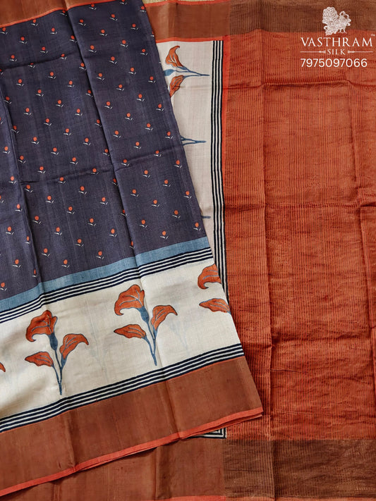 Cream & Brown Colour Tussar Silk Saree With Floral Small Butta All Over Code : KT019