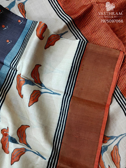 Cream & Brown Colour Tussar Silk Saree With Floral Small Butta All Over Code : KT019